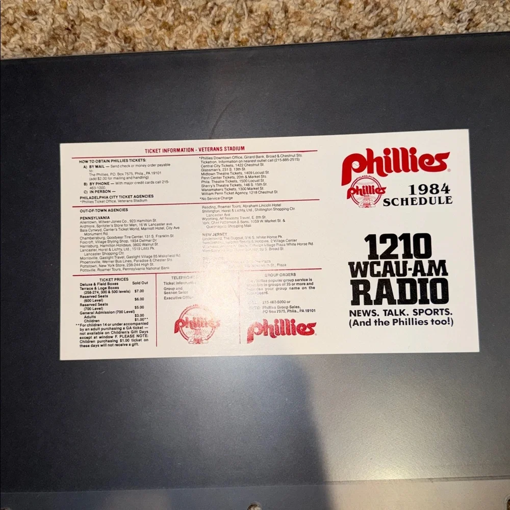 Vintage 1984 Philadelphia Phillies Schedule, News Talk 1210 WCAU-AM